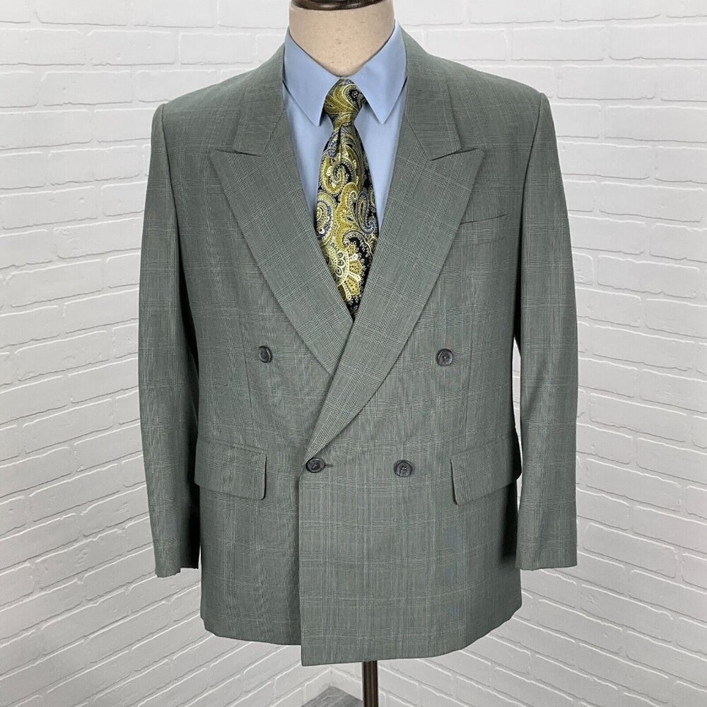 Unbranded Blazer Men 40 Black‎ Teal Blue Houndstooth Plaid Double Breasted VTG